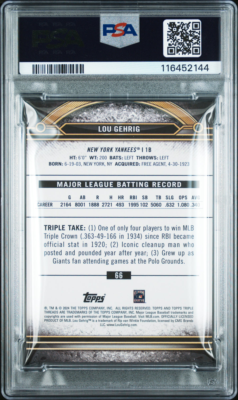 2024 Topps Triple Threads #66 Lou Gehrig Aquamarine PSA 8 — Back