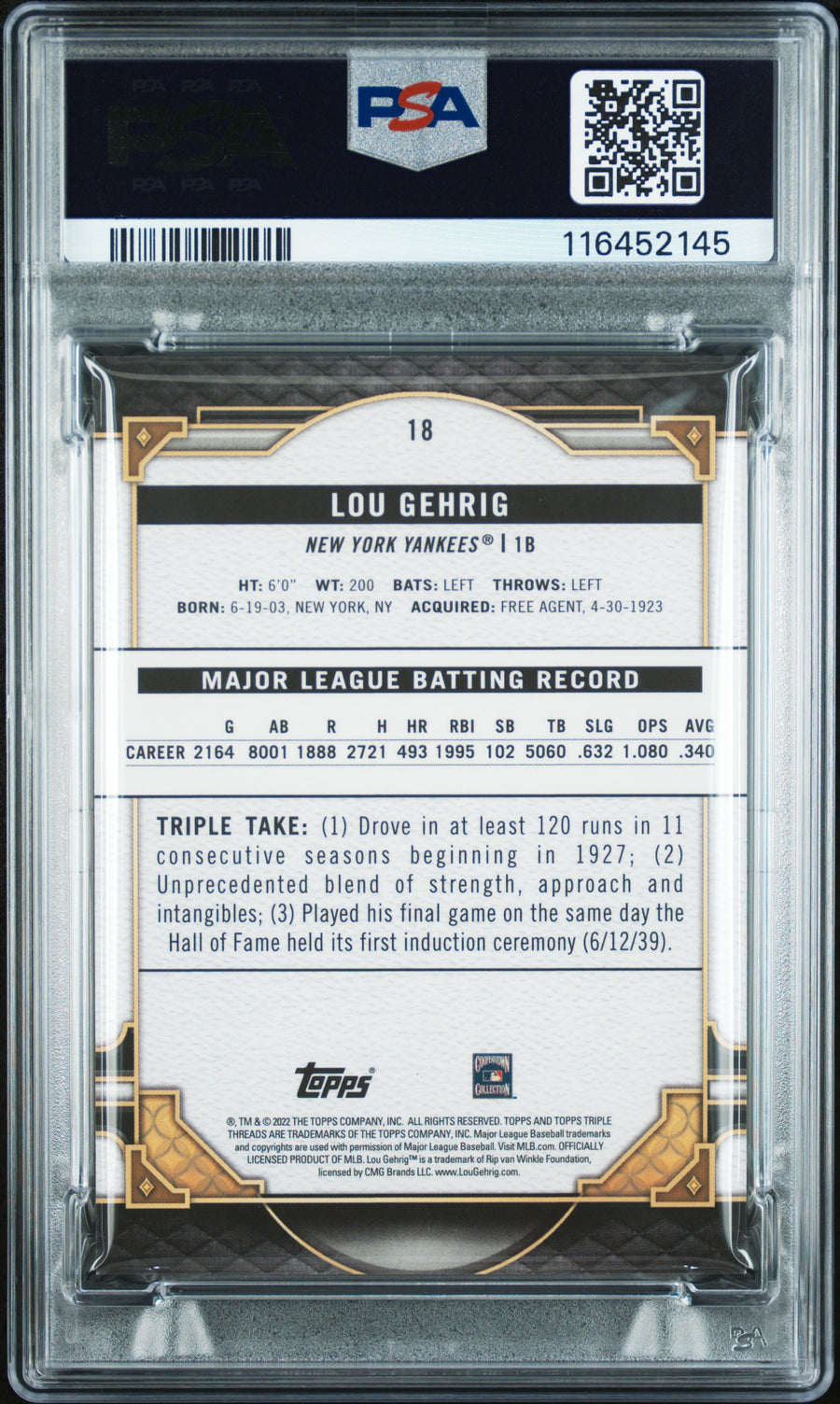 2022 Topps Triple Threads #18 Lou Gehrig Aquamarine PSA 8 — Back