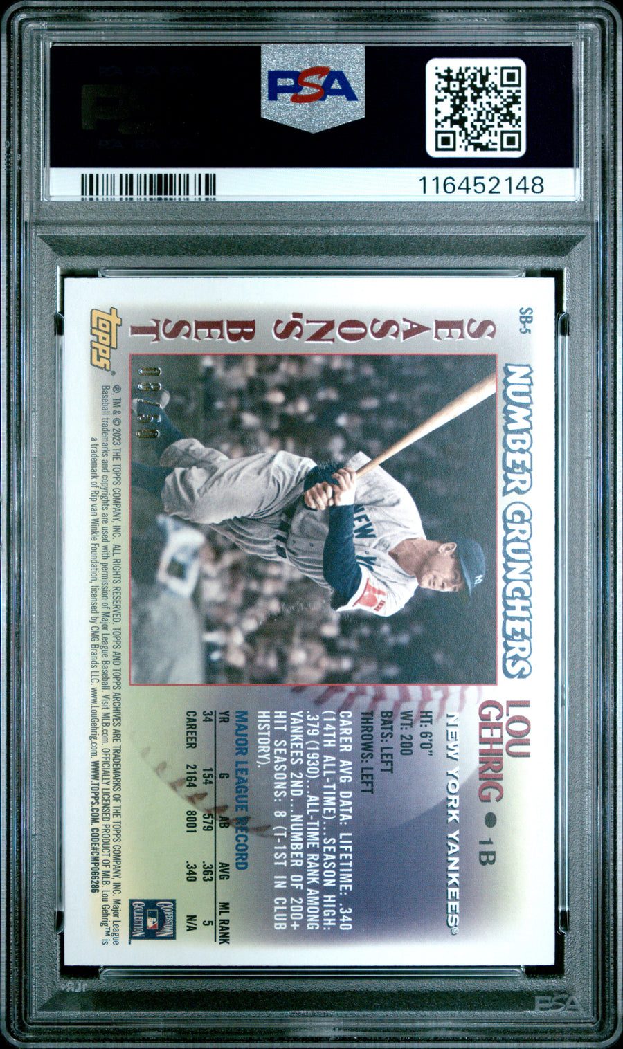 2023 Topps Archives 1997 Seasons Best #SB5 Lou Gehrig Gold Foil PSA 8 — Back