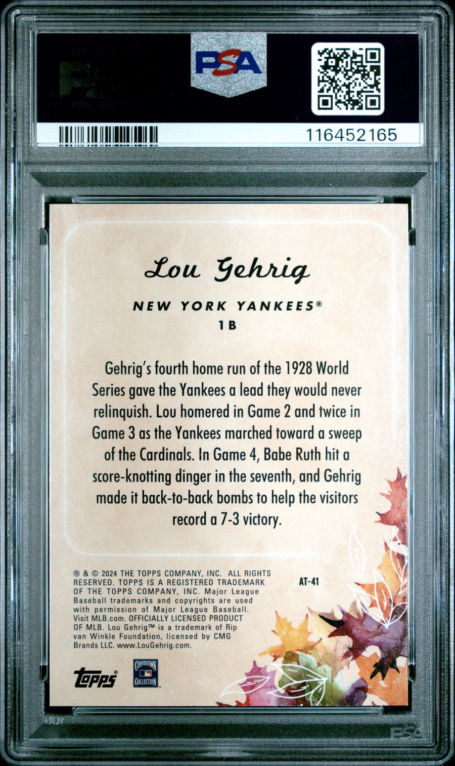 2024 Topps Update Autumn Tales #AT41 Lou Gehrig Autumn Tales-Gold PSA 8 — Back