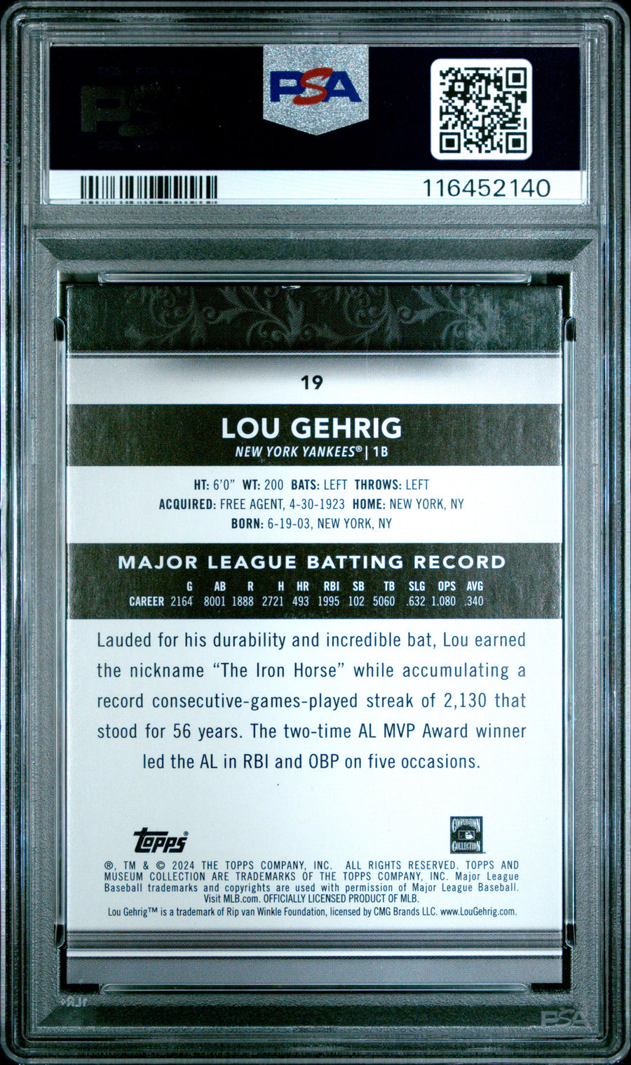 2024 Topps Museum Collection #19 Lou Gehrig Gold PSA 8 — Back