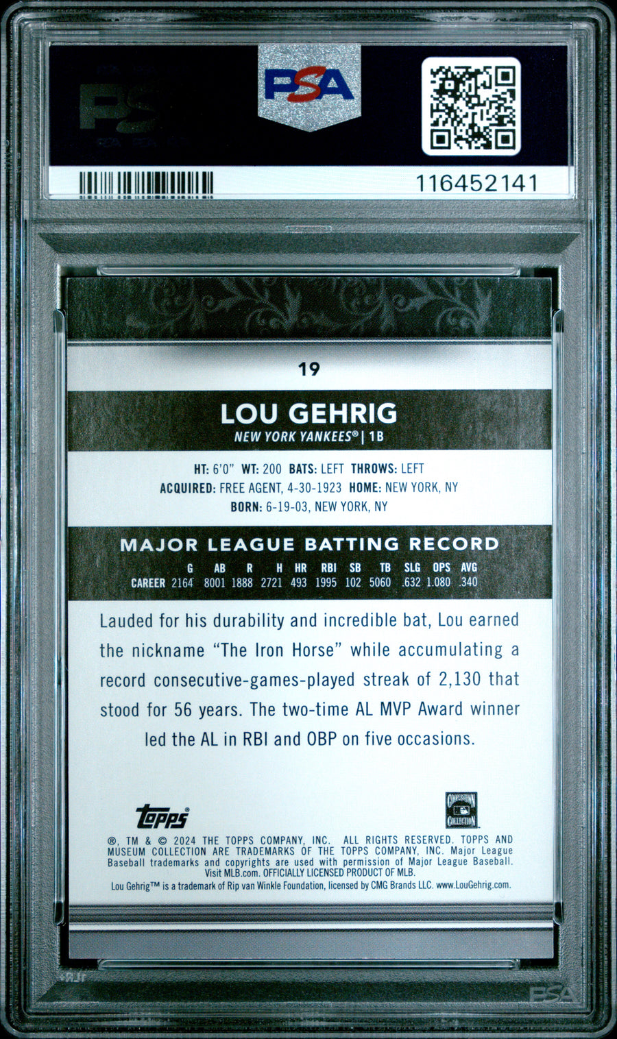 (1)2024 Topps Museum Collection #19 Lou Gehrig Gold PSA 8 — Back