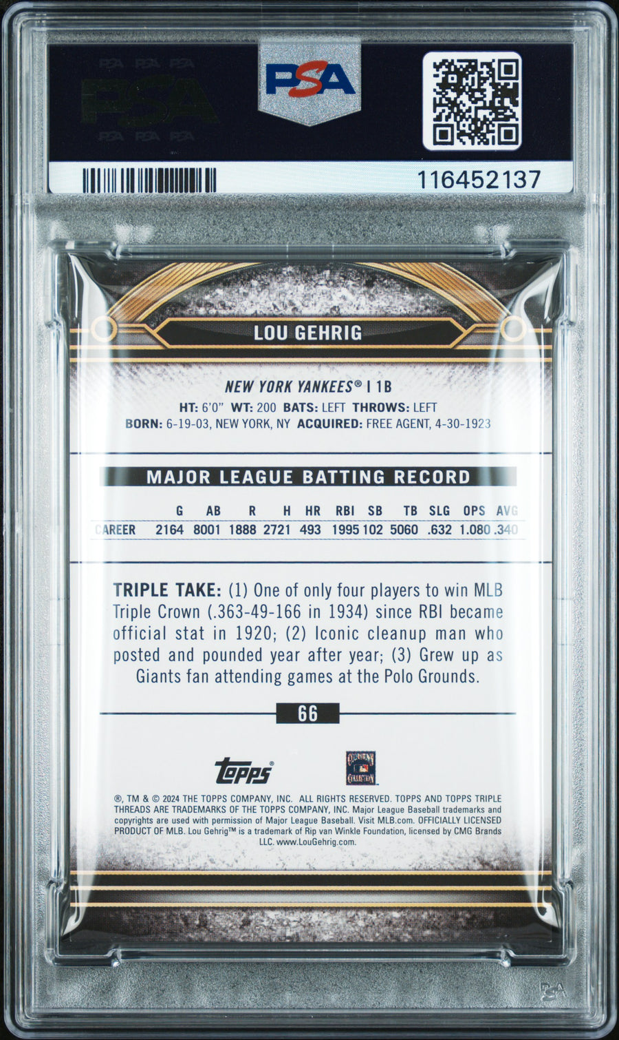 2024 Topps Triple Threads #66 Lou Gehrig Gold PSA 8 — Back