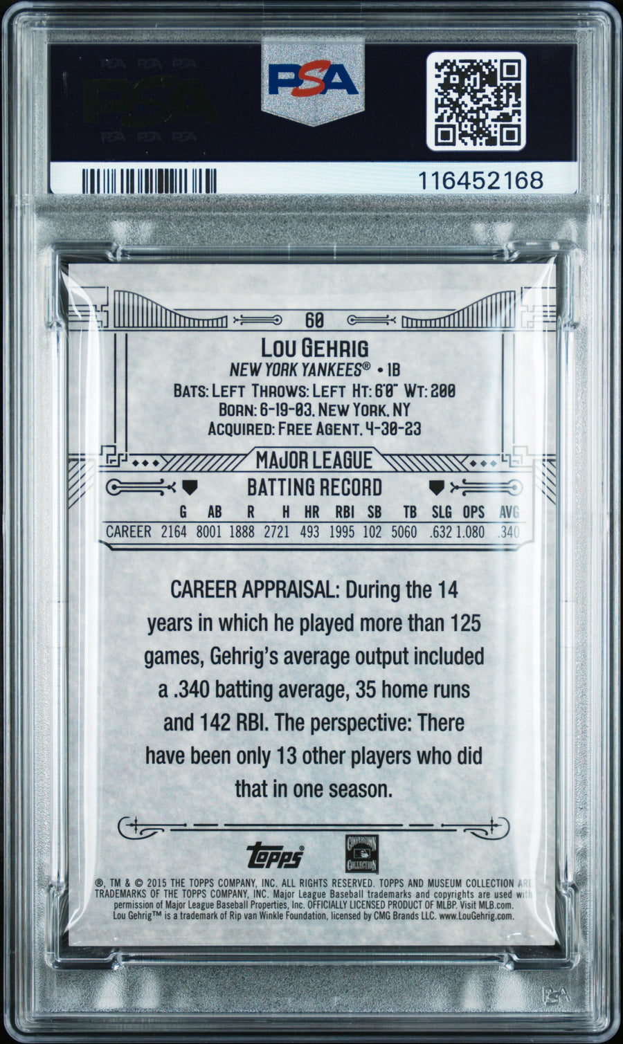 2015 Topps Museum Collection #60 Lou Gehrig Blue PSA 8 — Back