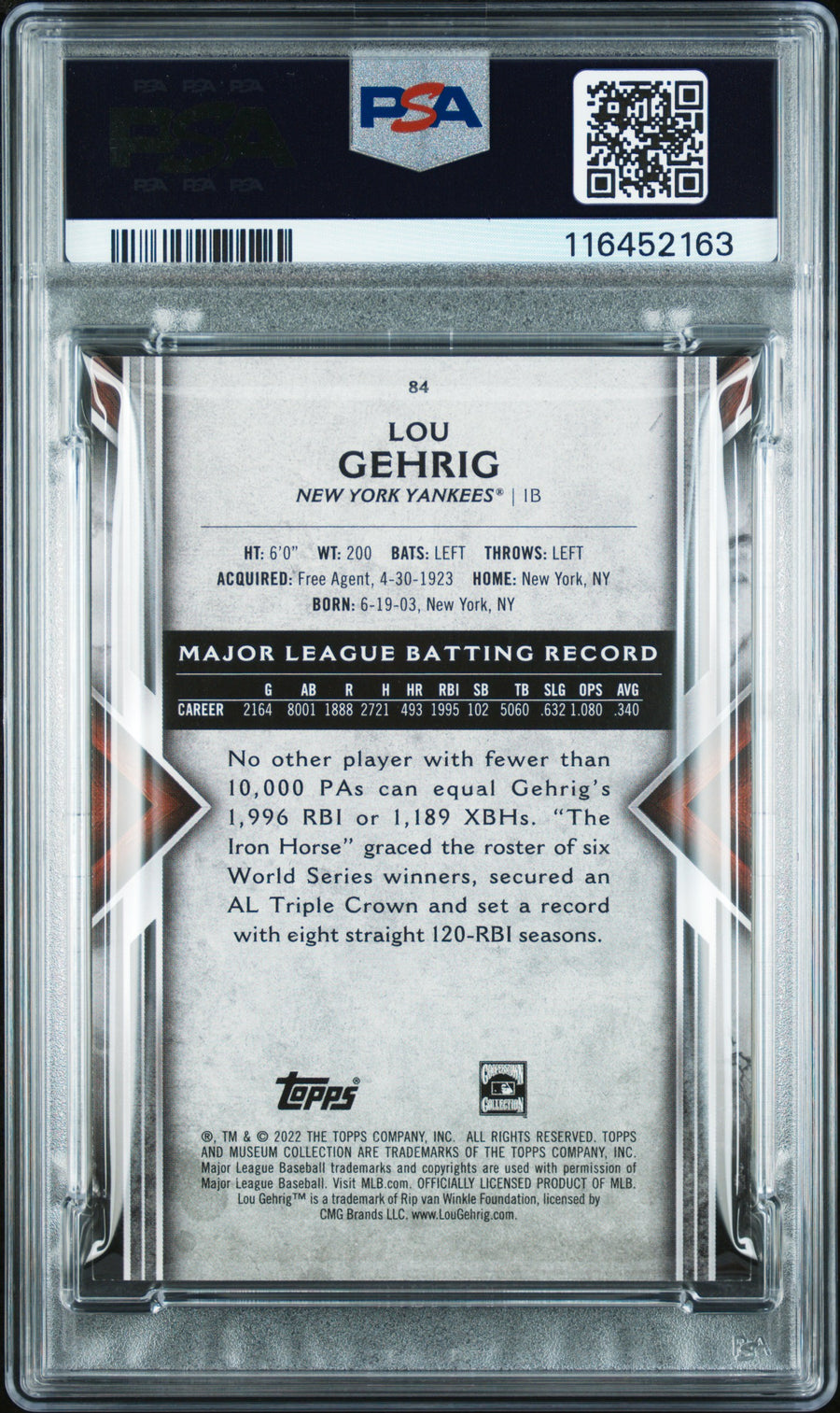 2022 Topps Museum Collection #84 Lou Gehrig Sapphire PSA 8 — Back
