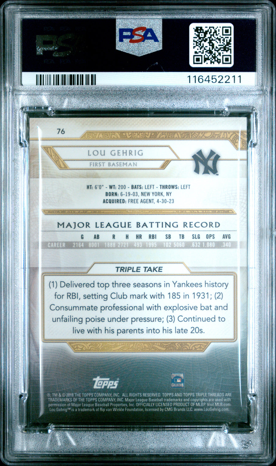 2018 Topps Triple Threads #76 Lou Gehrig Sapphire PSA 8 — Back
