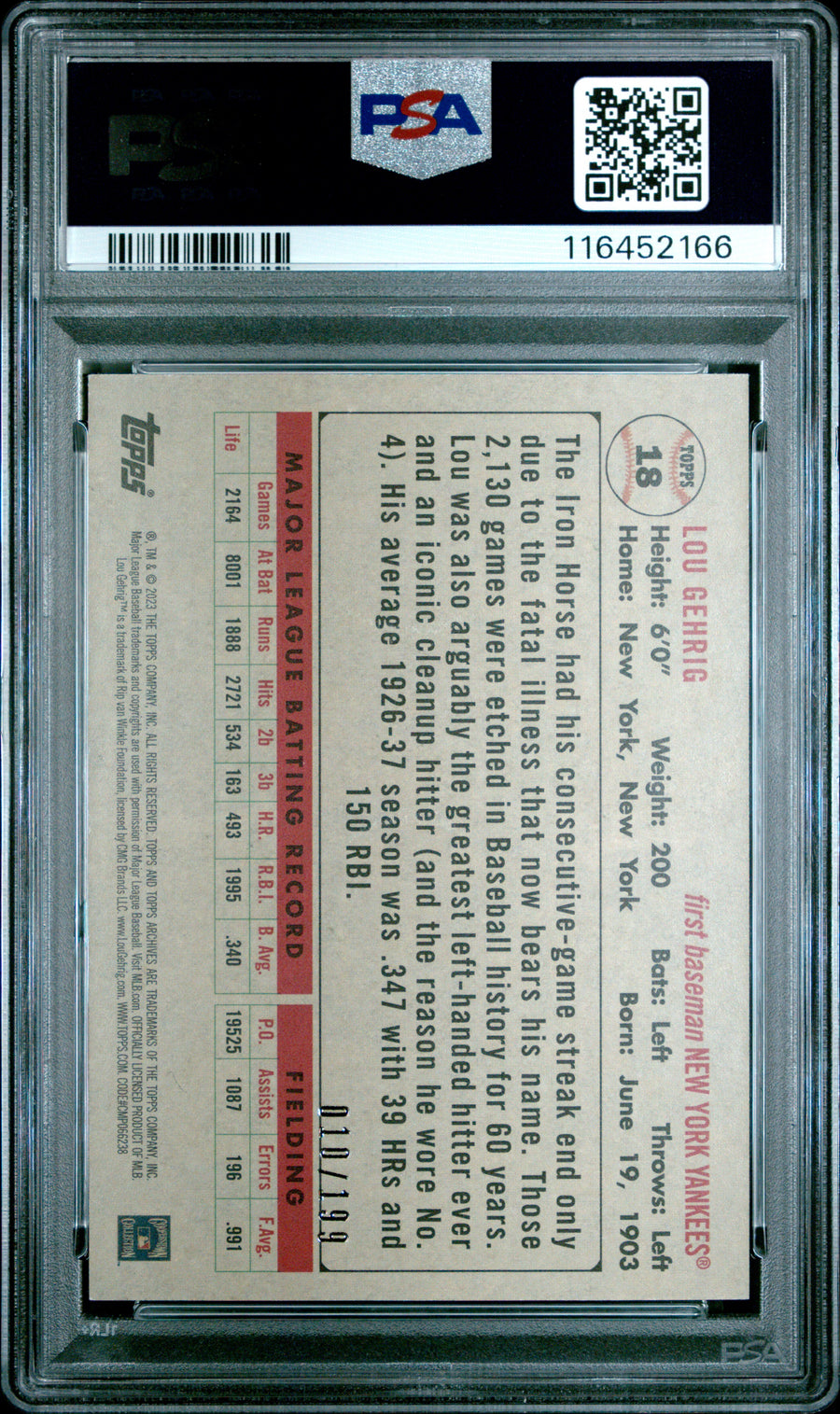 2023 Topps Archives #18 Lou Gehrig Rainbow Foil PSA 9 — Back