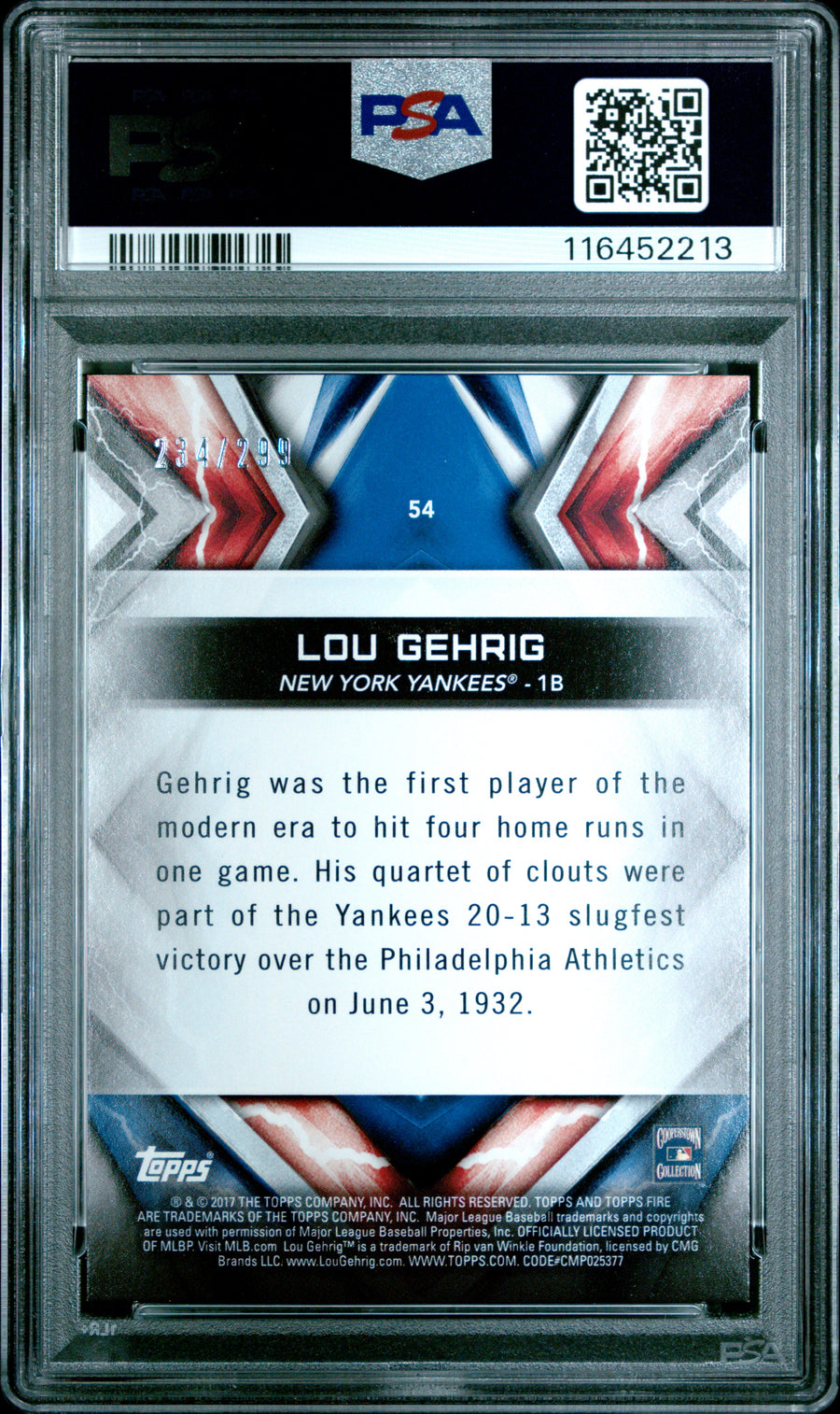 2017 Topps Fire #54 Lou Gehrig Orange PSA 9 — Back