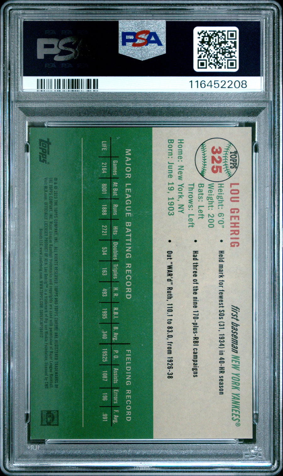 2023 Topps Chrome Platinum Anniversary #325 Lou Gehrig Gold Wave PSA 9 — Back