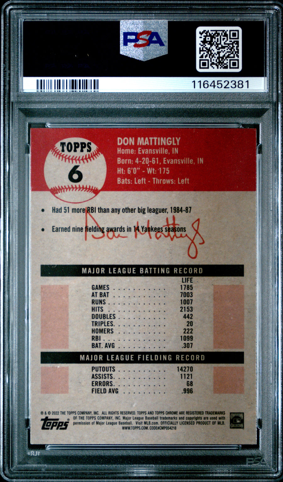 2022 Topps Chrome Platinum Anniversary #6 Don Mattingly PSA 8 — Back