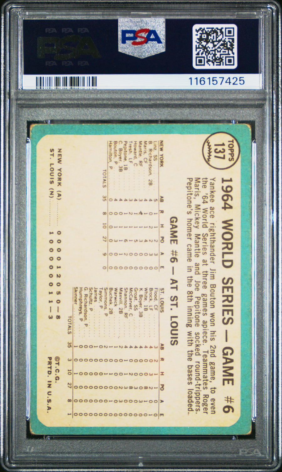 1965 Topps #137 World Series Game 6 Bouton Wins Again PSA 2 — Back