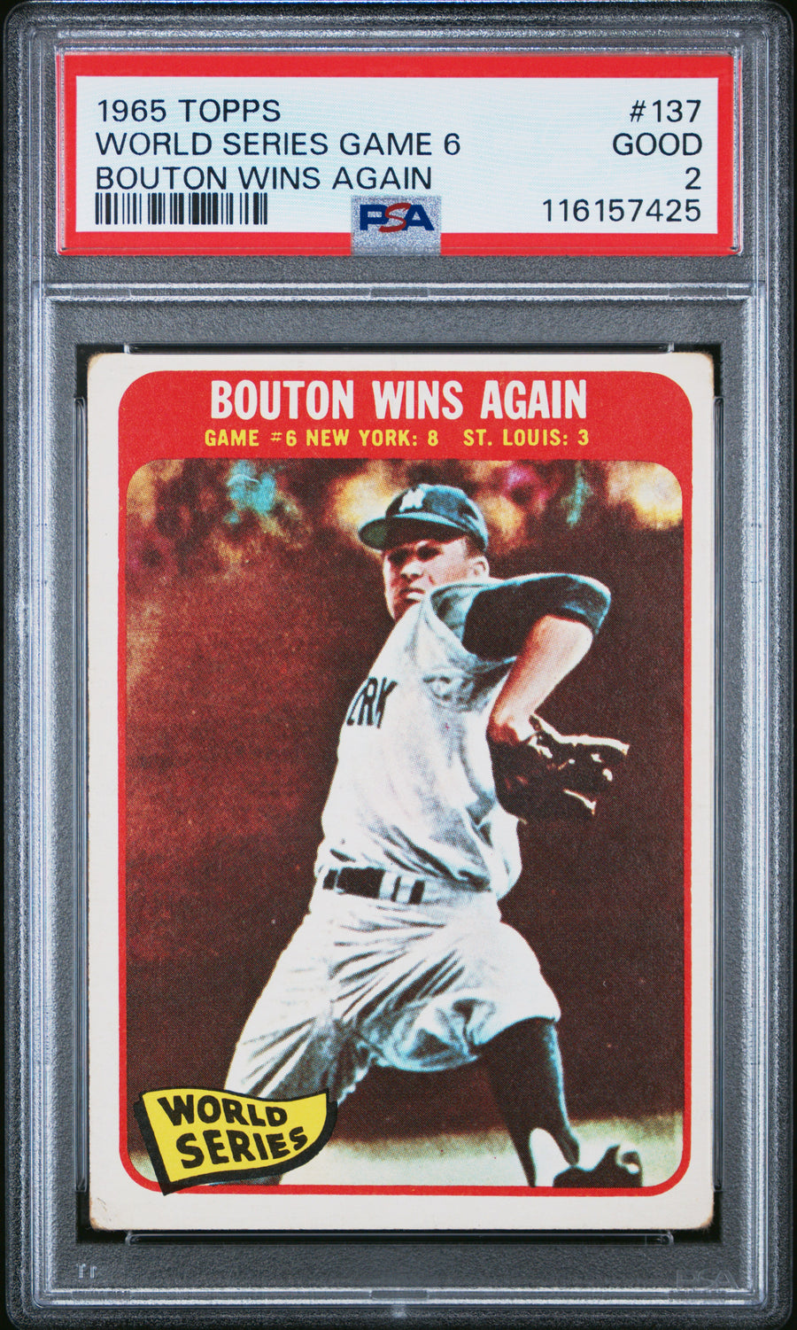 1965 Topps #137 World Series Game 6 Bouton Wins Again PSA 2 — Front
