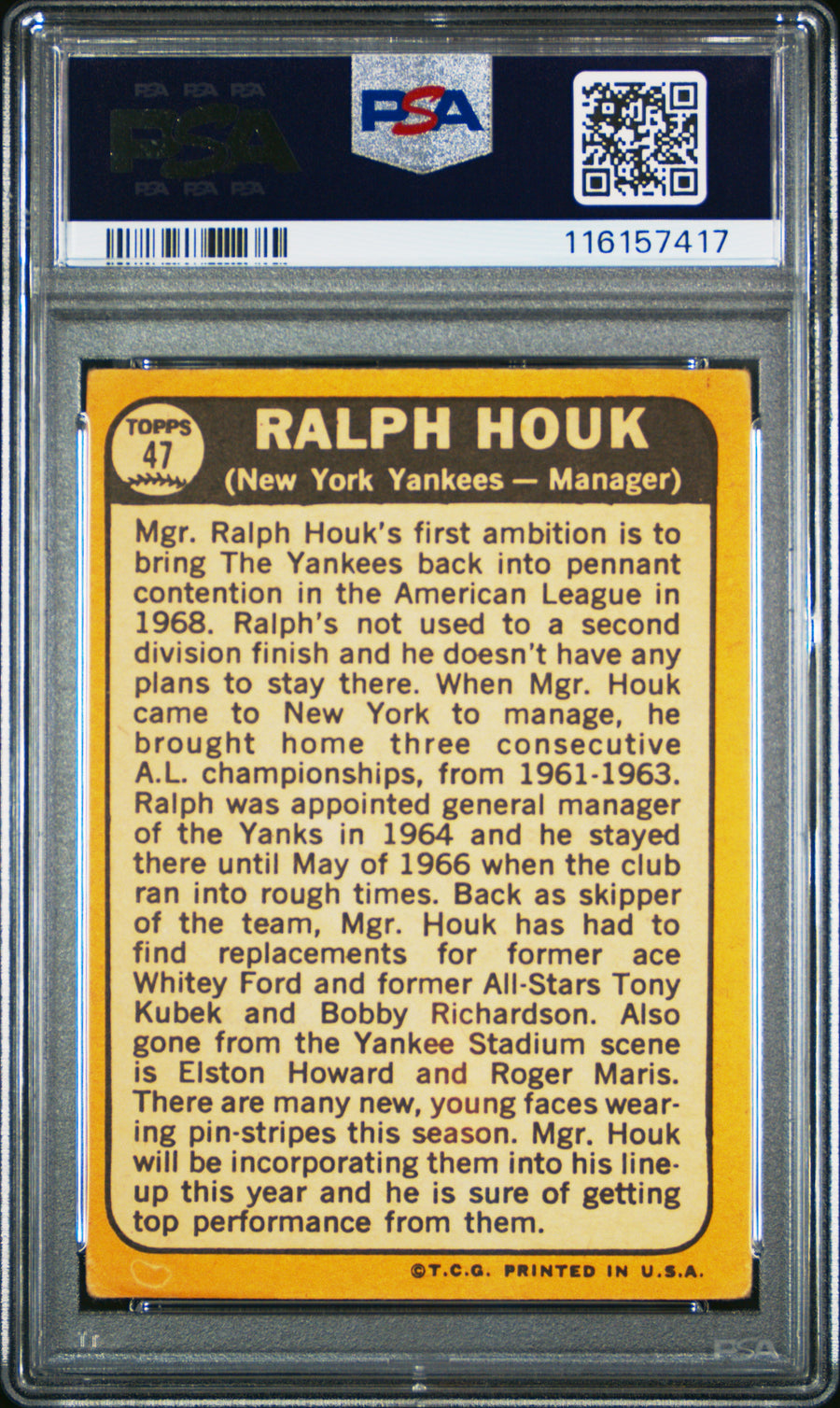 1968 Topps #47 Ralph Houk PSA 3 — Back