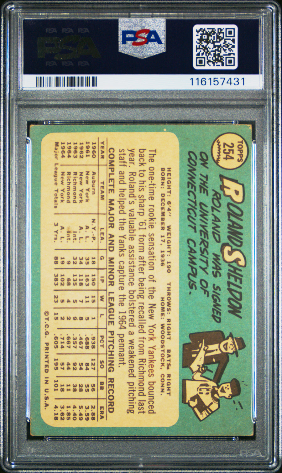 1965 Topps #254 Roland Sheldon PSA 3 — Back