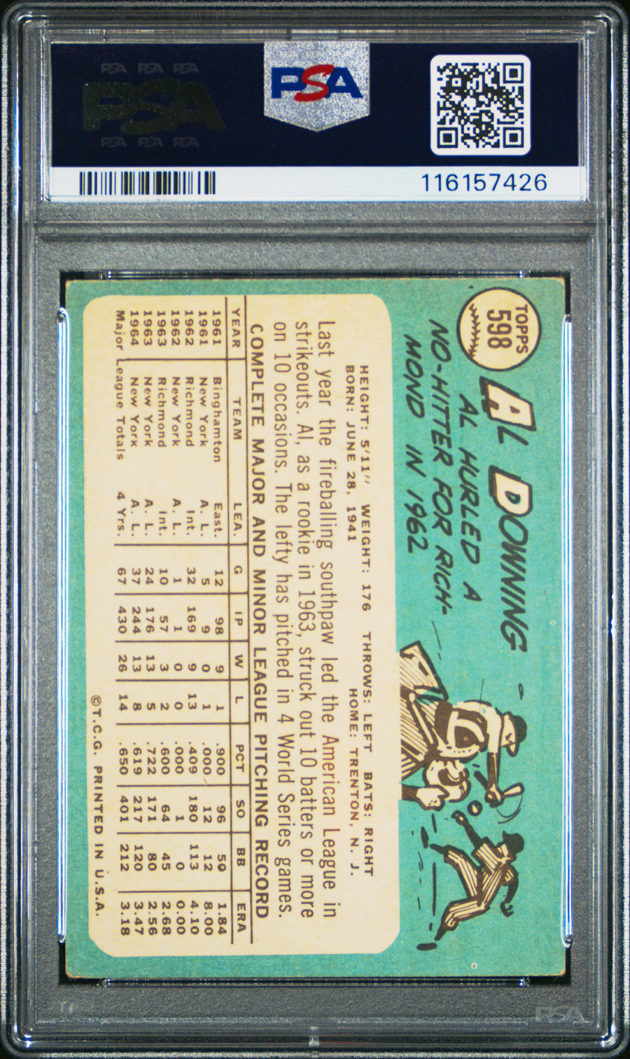 1965 Topps #598 Al Downing PSA 3.5 — Back