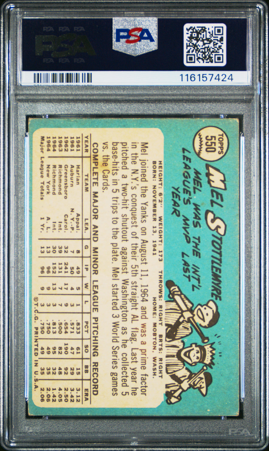 1965 Topps #550 Mel Stottlemyre PSA 3.5 — Back