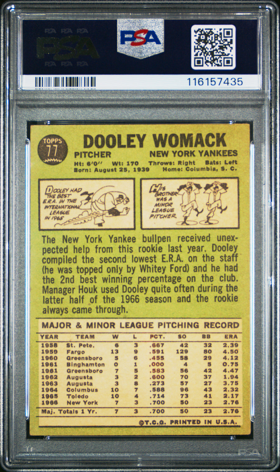 1967 Topps #77 Dooley Womack PSA 3.5 — Back