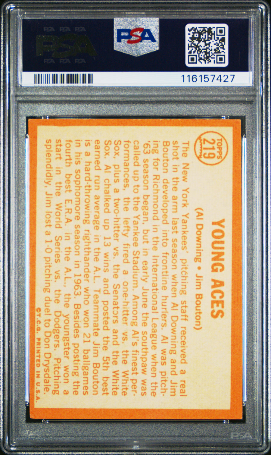 1964 Topps #219 Young Aces A.Downing/J.Bouton PSA 4 — Back