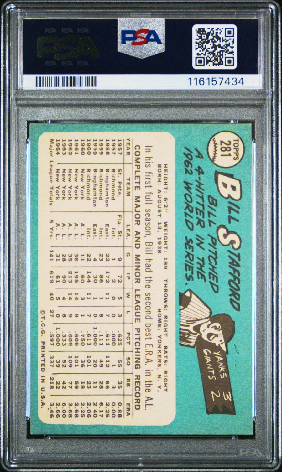 1965 Topps #281 Bill Stafford PSA 5 — Back