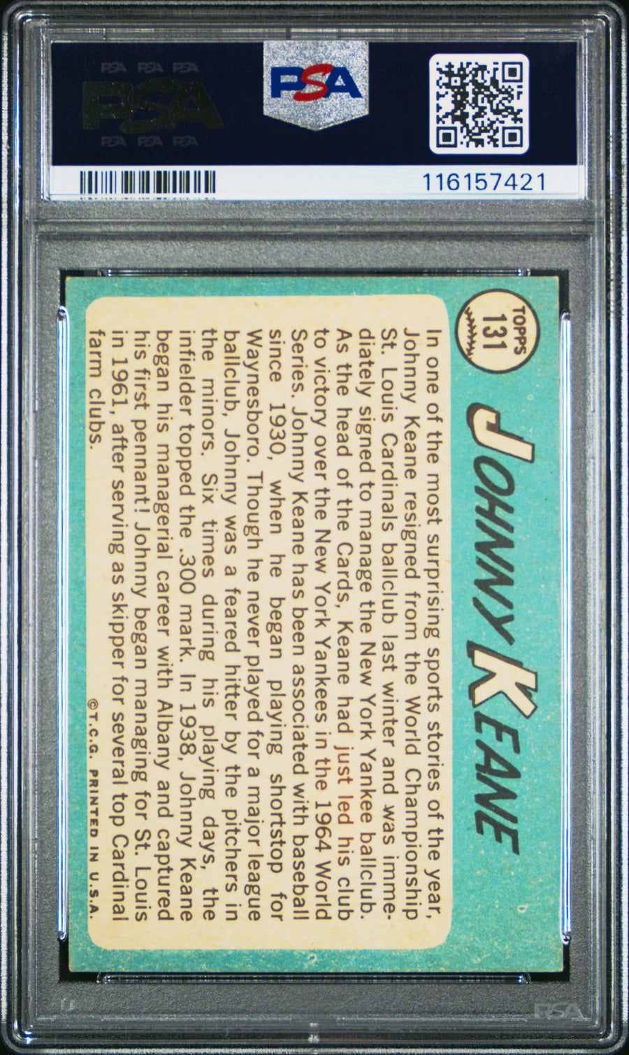1965 Topps #131 Johnny Keane PSA 5 — Back