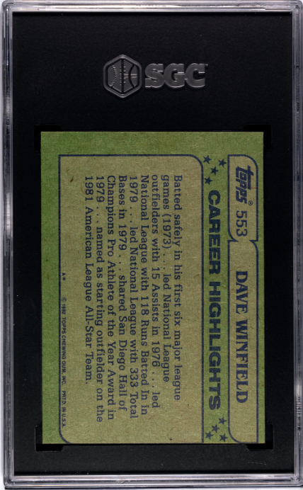 1982 Topps #553 Dave Winfield All-Star SGC 7 — Back