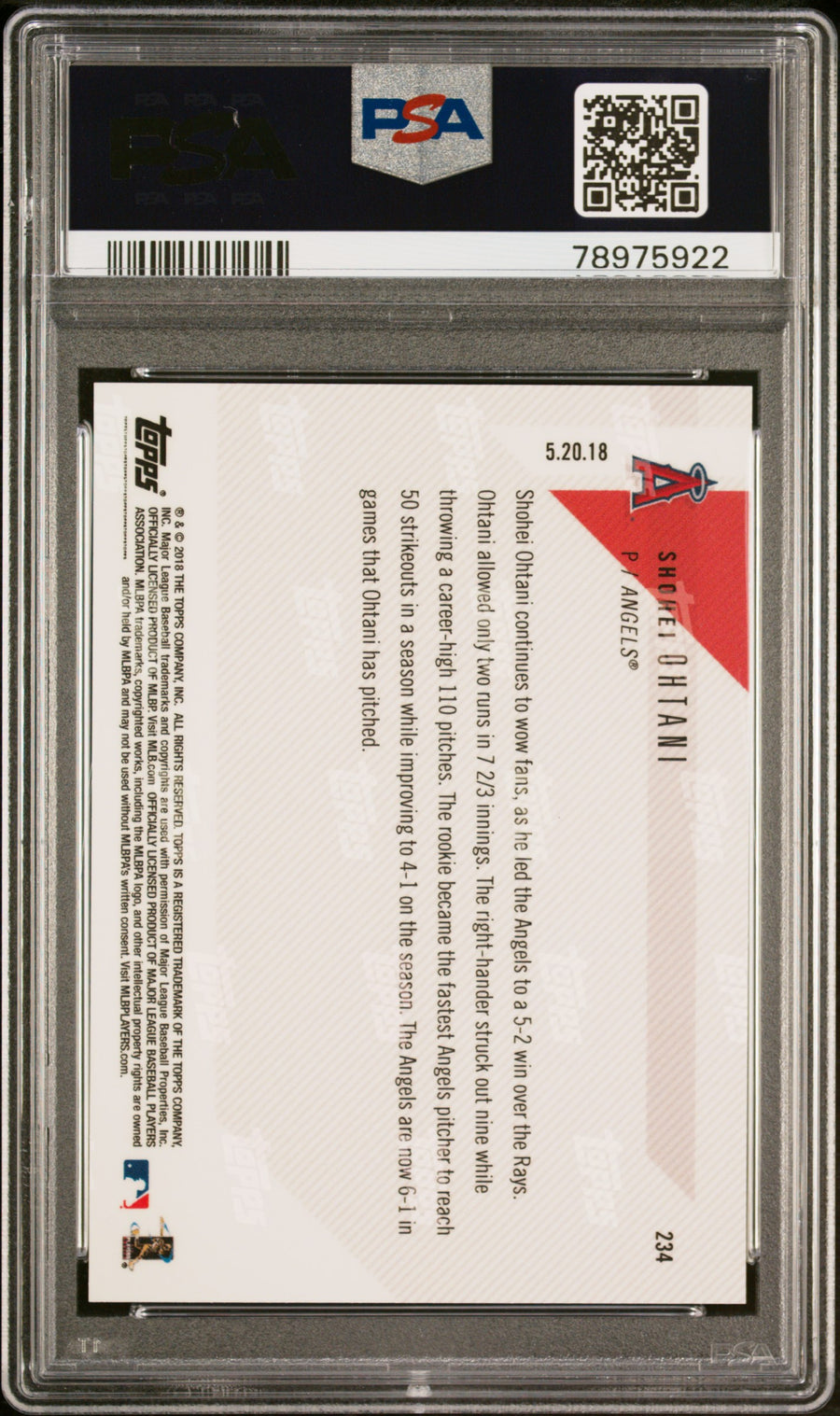 2018 Topps Now #234 Shohei Ohtani RC PSA 10 — Back