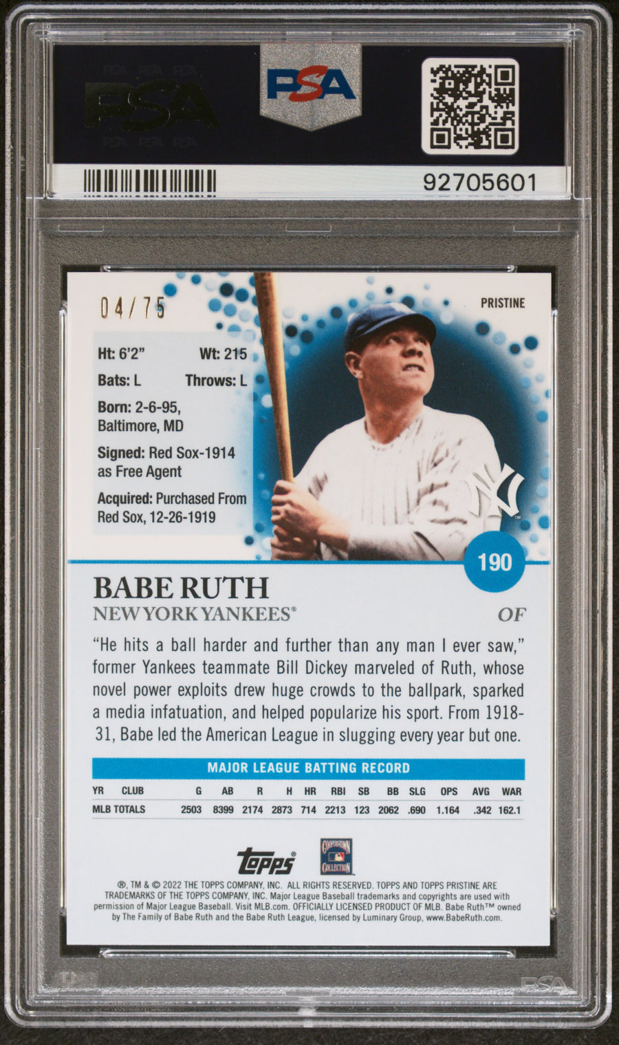2022 Topps Pristine #190 Babe Ruth Pristine Blue Refractor PSA 9 — Back