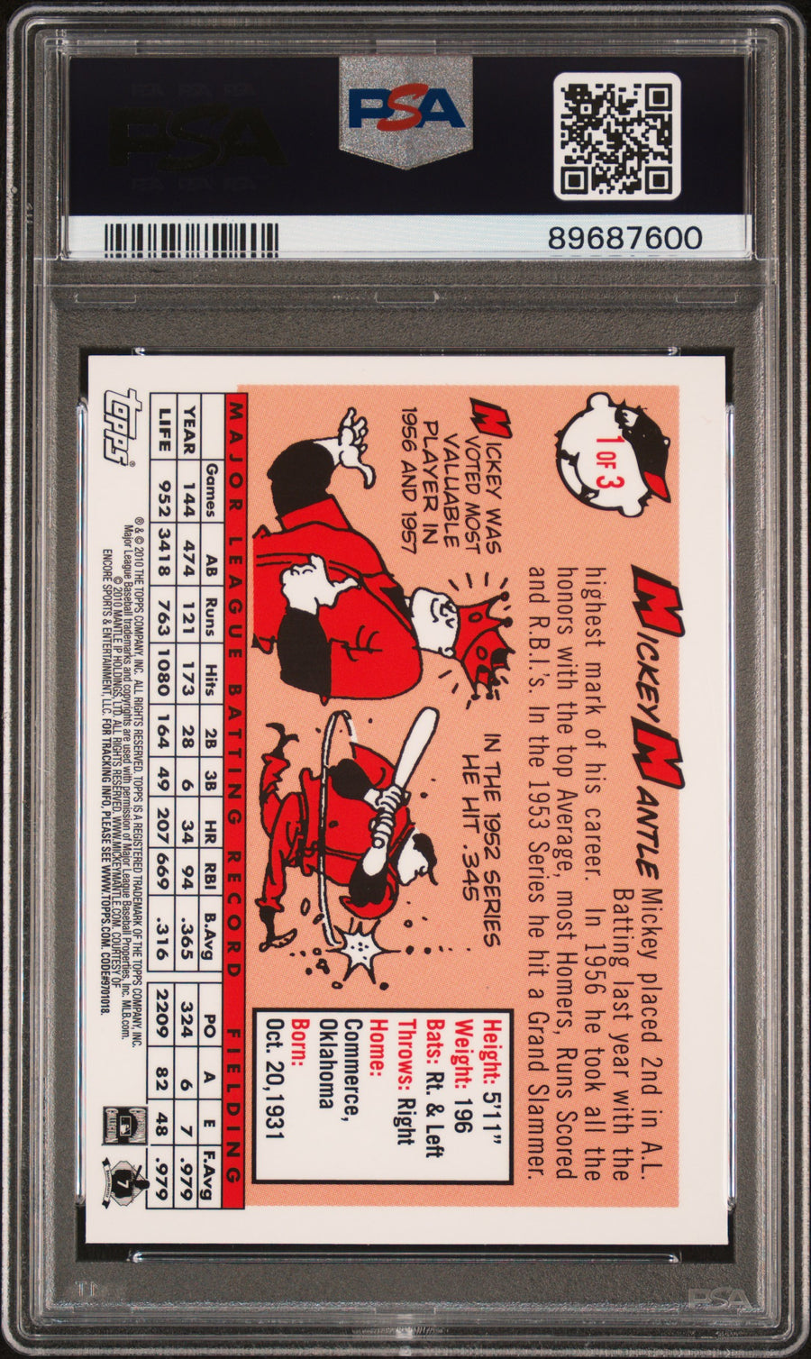 2010 Topps Mantle Factory Set #1 Mickey Mantle Chrome-Gold Refractor PSA 9 — Back