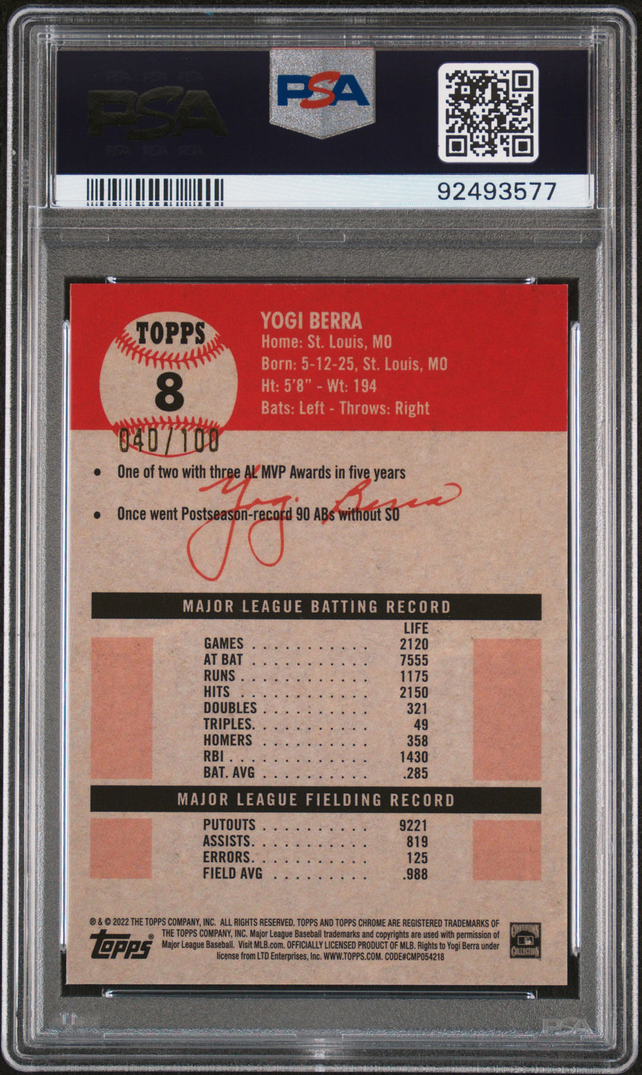 2022 Topps Chrome Platinum Anniversary #8 Yogi Berra Red Atomic Refractor PSA 9 — Back