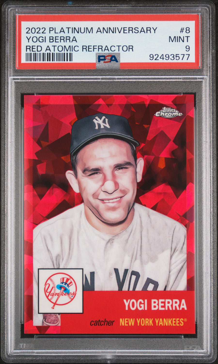 2022 Topps Chrome Platinum Anniversary #8 Yogi Berra Red Atomic Refractor PSA 9 — Front