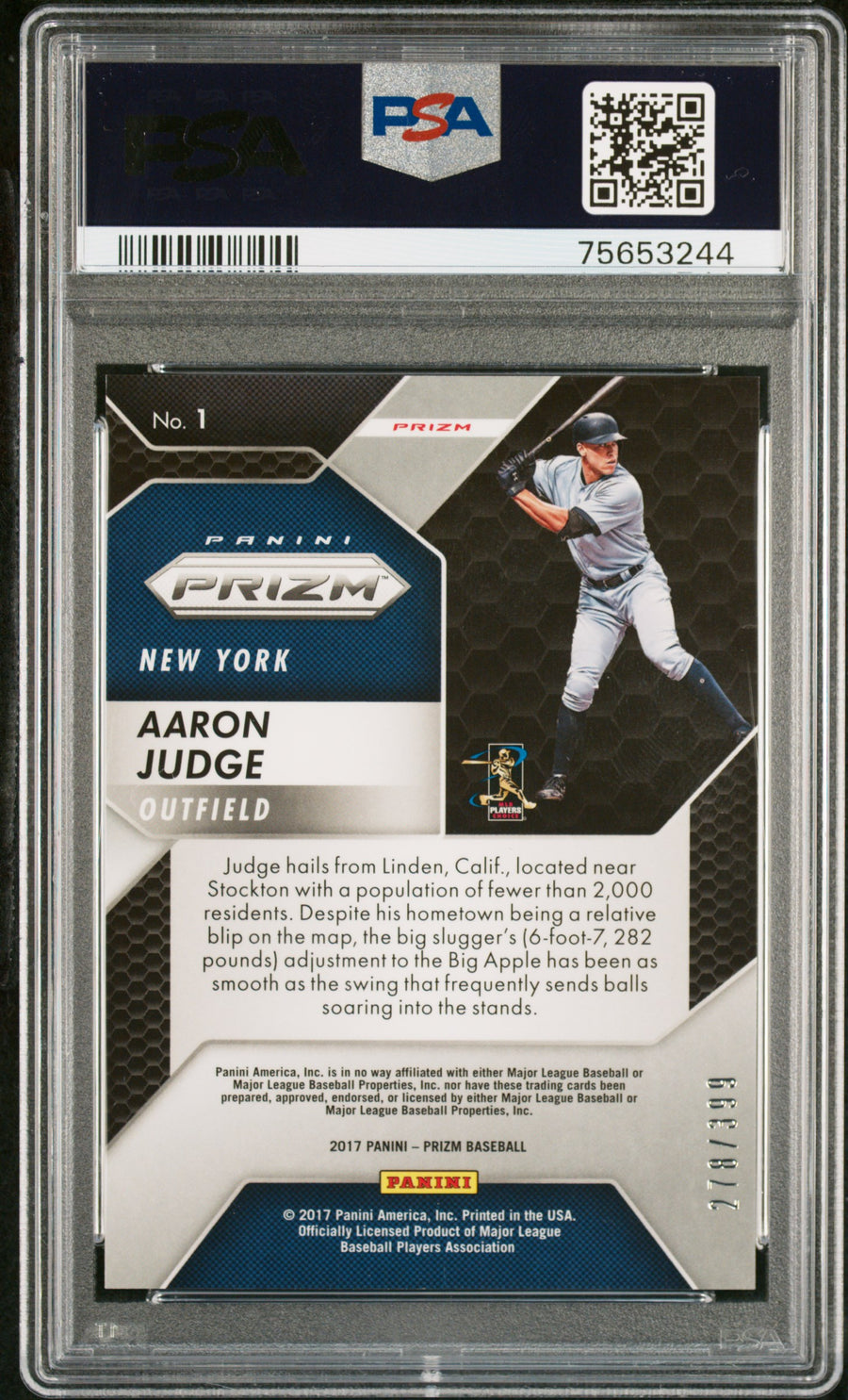 2017 Panini Chronicles Panini Prizm #1 Aaron Judge Panini Prizm-Orange PSA 9 — Back