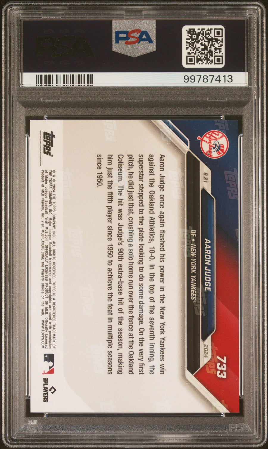 2024 Topps Now #733 Aaron Judge Purple PSA 8 — Back