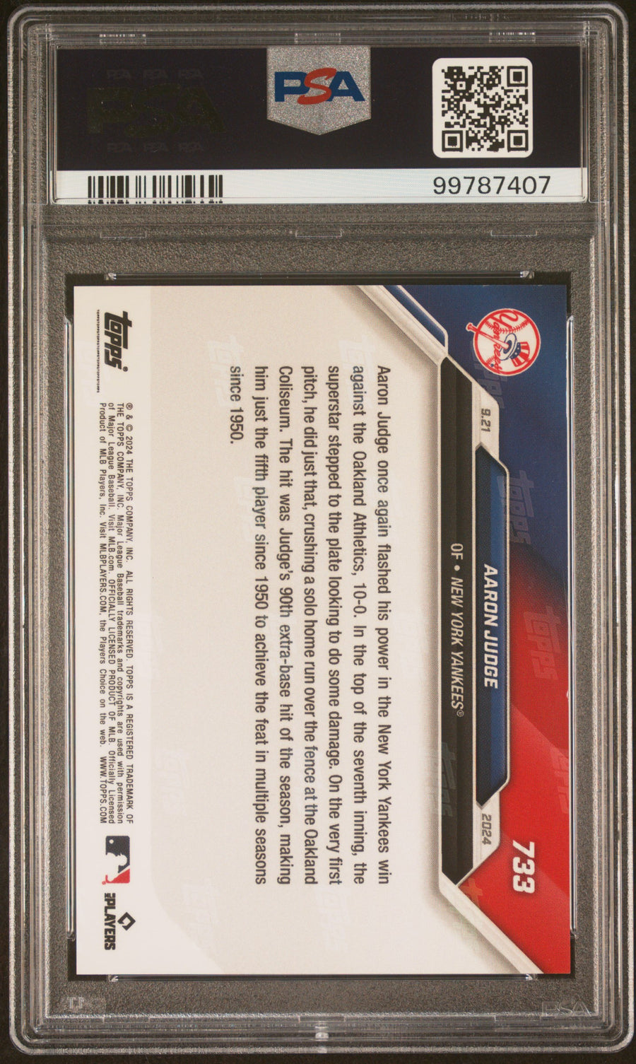 2024 Topps Now #733 Aaron Judge PSA 9 — Back