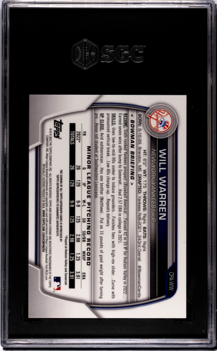 2023 Bowman Chrome #CPA-WW Will Warren Prospect SGC 9.5-10 — Back