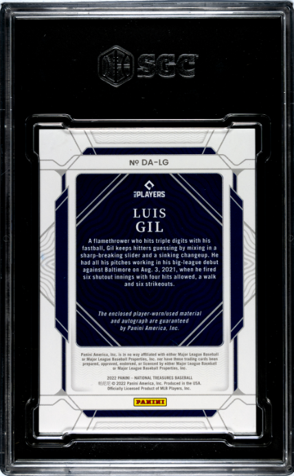 2022 Panini National Treasures #DA-LG Luis Gil Diamond Dual Material SGC 9 — Back