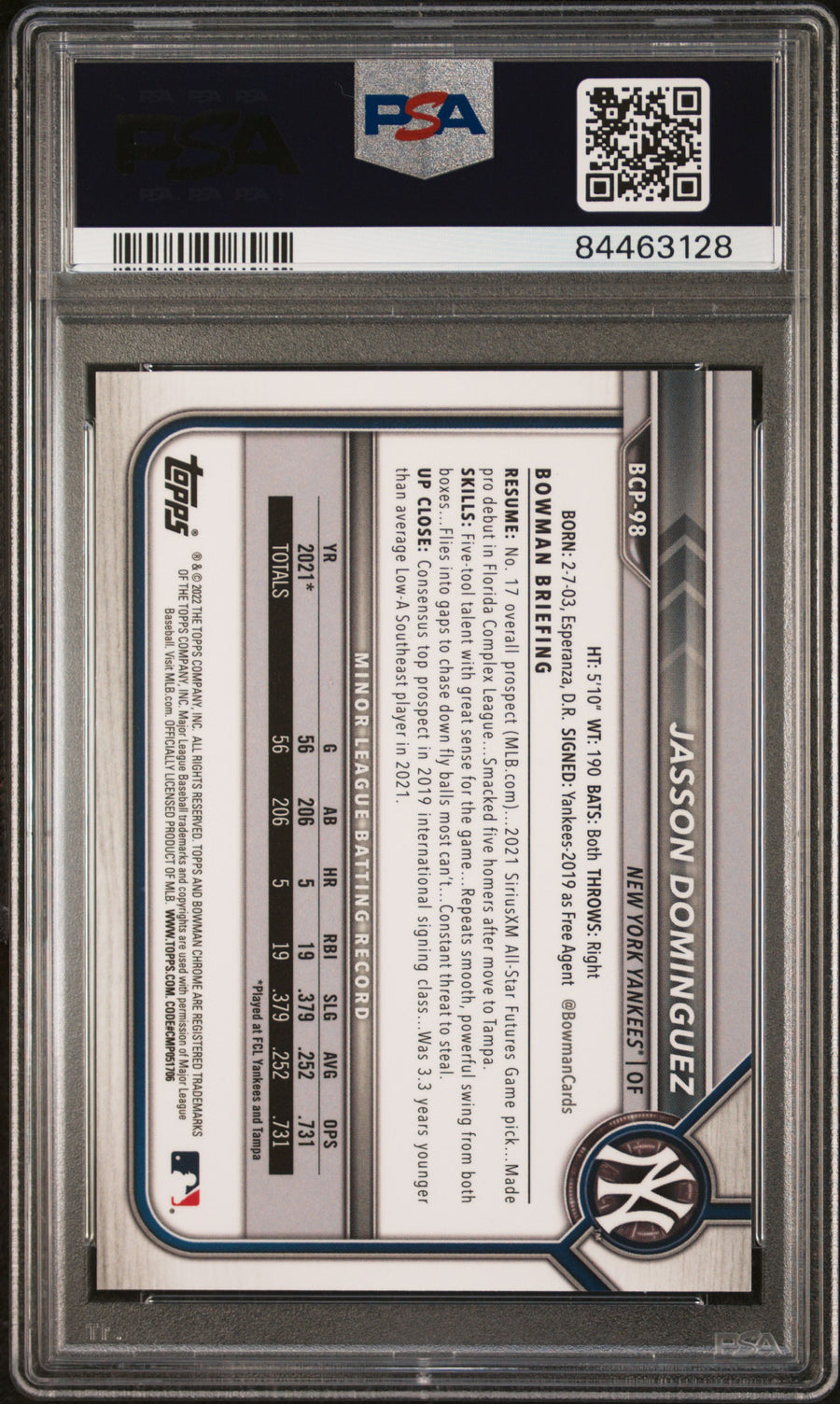 2022 Bowman Chrome Prospects #BCP98 Jasson Dominguez Aqua Refractor PSA 9 — Back