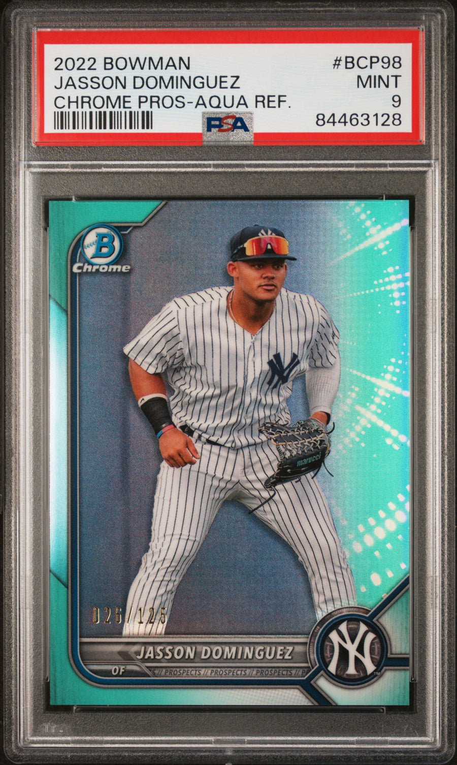 2022 Bowman Chrome Prospects #BCP98 Jasson Dominguez Aqua Refractor PSA 9 — Front