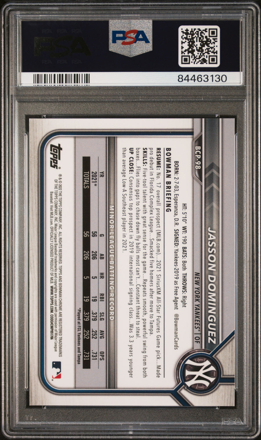 2022 Bowman Chrome Prospects #BCP98 Jasson Dominguez Lava Refractor PSA 9 — Back