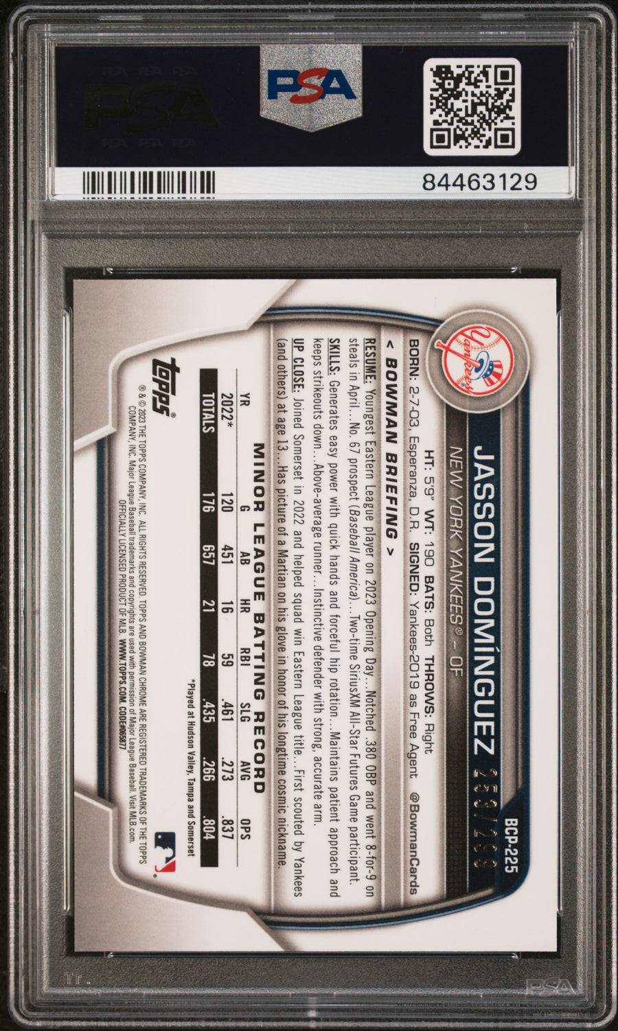 #BCP225 Jasson Dominguez Speckle Refractors PSA 9 — Back