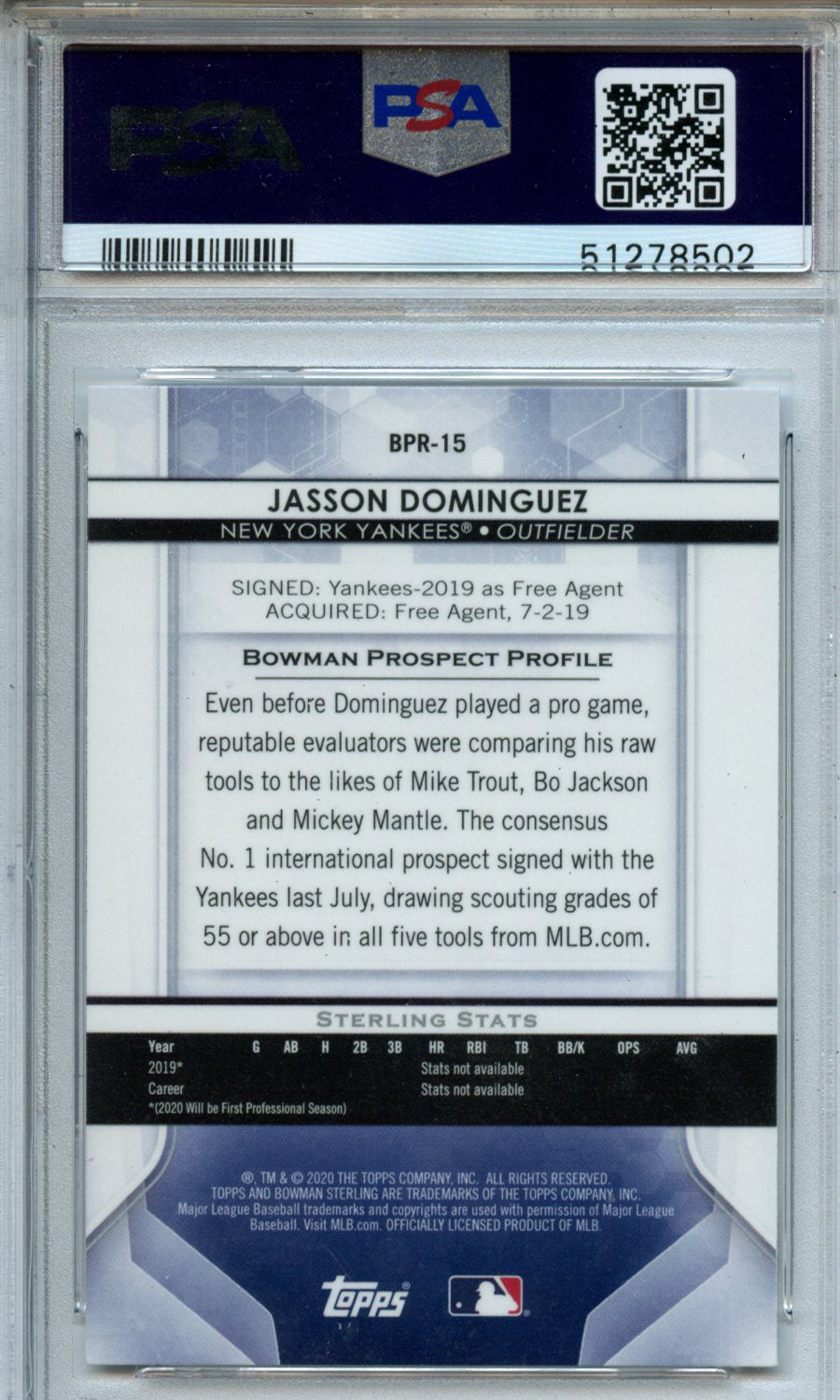 2020 Bowman Sterling #BPR15 Jasson Dominguez PSA 10 — Back