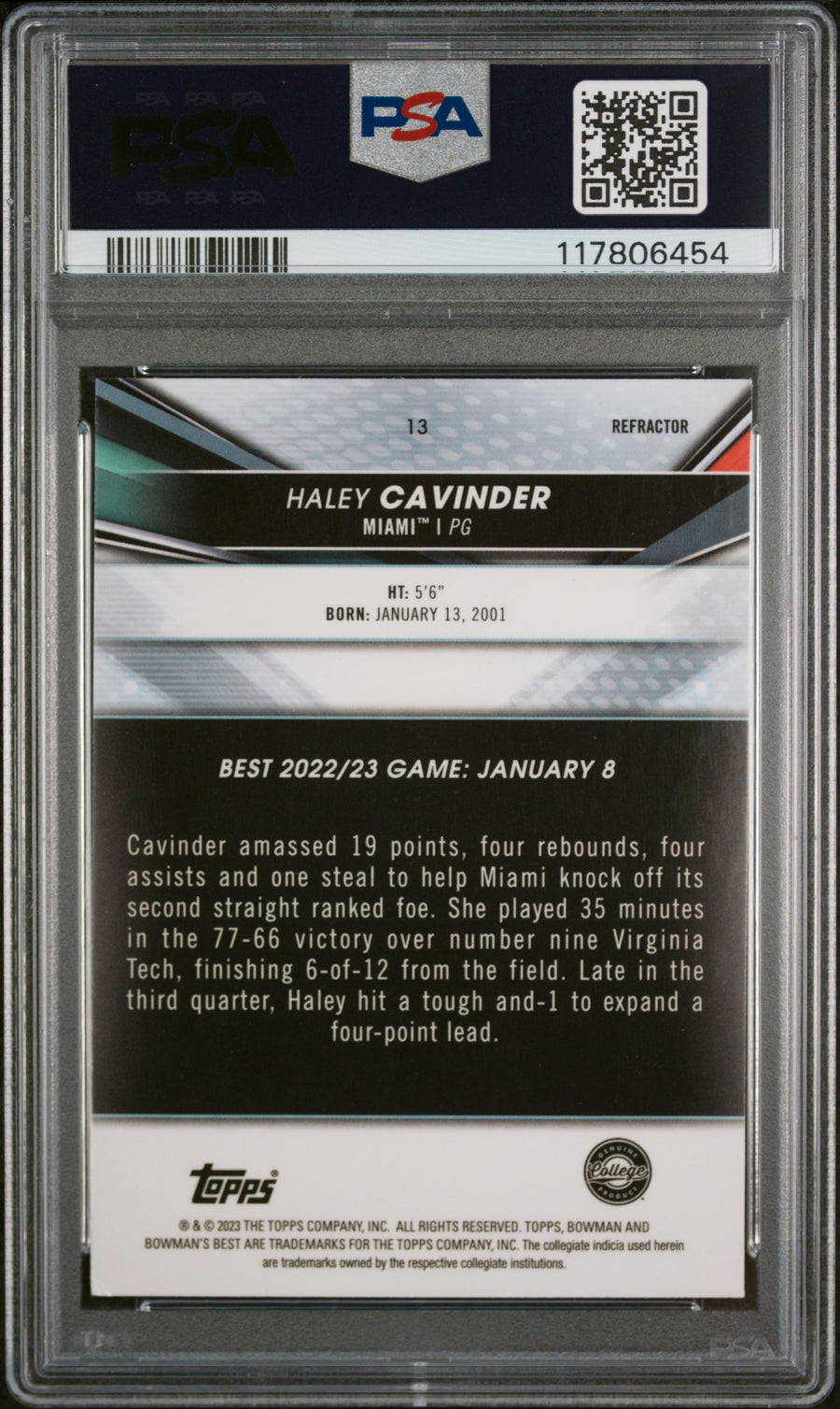2022 Bowman University Best #13 Haley Cavinder Refractor PSA 6 — Back