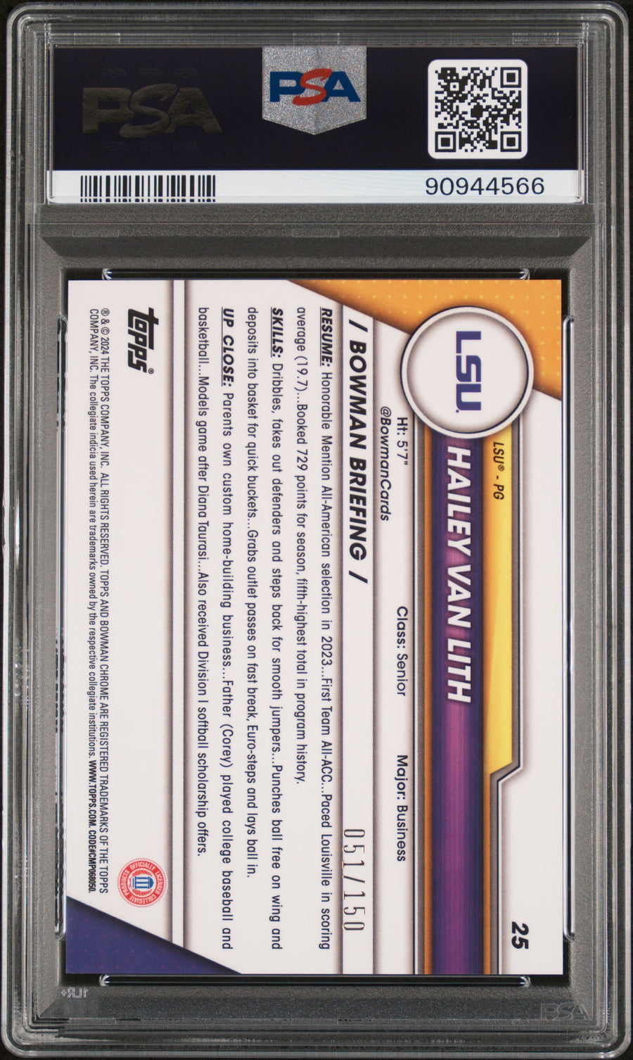 2023 Bowman University Chrome #25 Hailey Van Lith Fuchsia Mini Diamond PSA 10 — Back