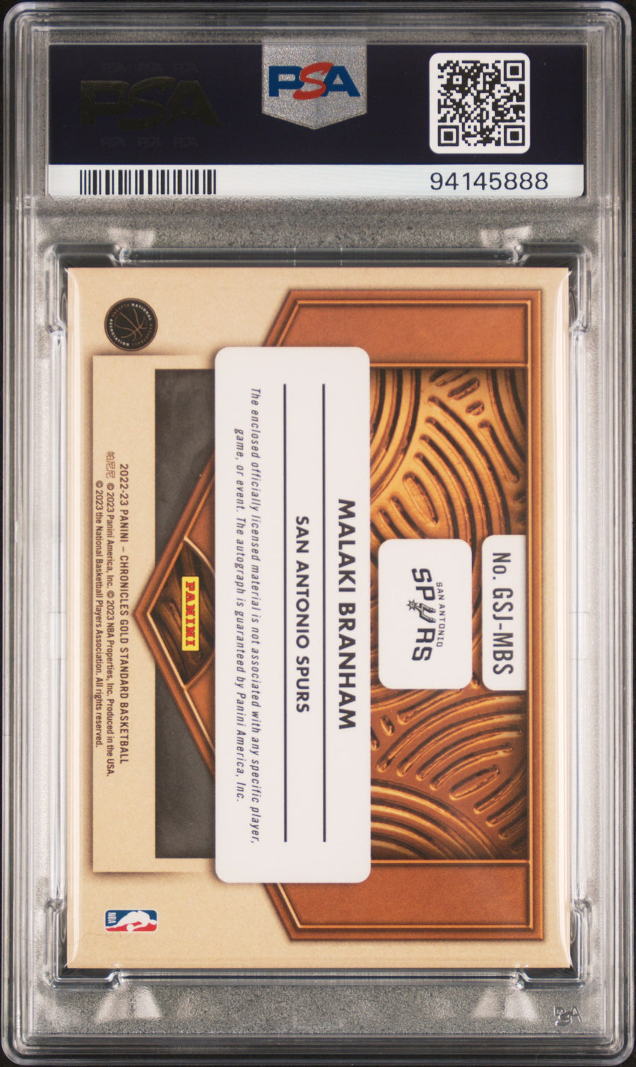 2022 Panini Chronicles Gold Standard Rookie Jersey Autographs #GSJMBS Malaki Branham Gold Standard RPA PSA 8-10 — Back