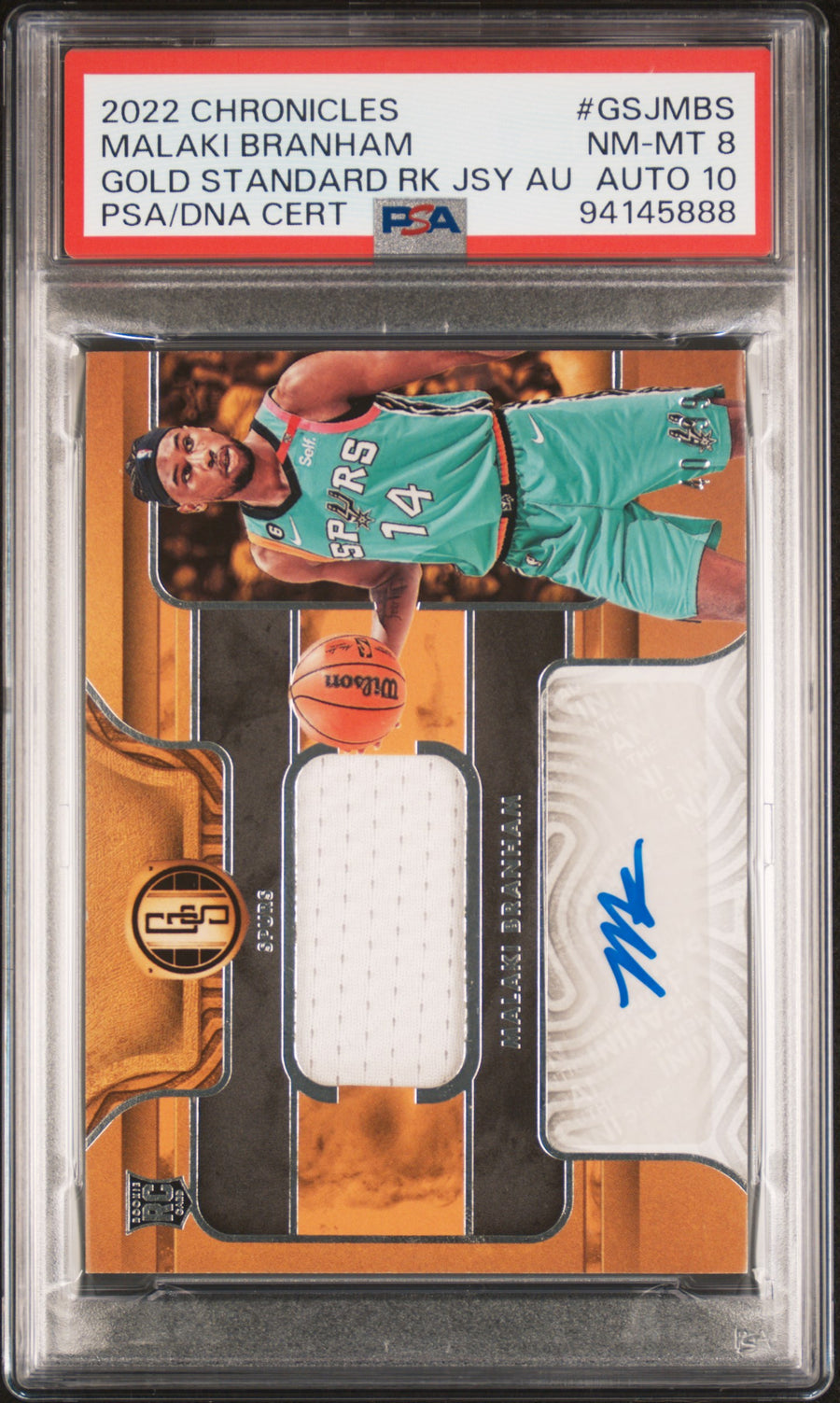 2022 Panini Chronicles Gold Standard Rookie Jersey Autographs #GSJMBS Malaki Branham Gold Standard RPA PSA 8-10 — Front