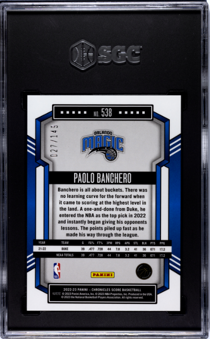 2022-23 Panini Chronicles #538 Paolo Banchero Score Premium Red RC SGC 9 — Back