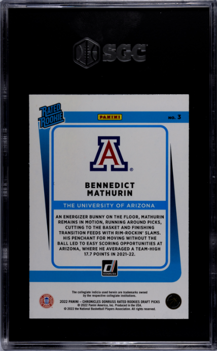 2022-23 Panini Chronicles Draft Picks #3 Bennedict Mathurin Donruss RR SGC 9.5 — Back