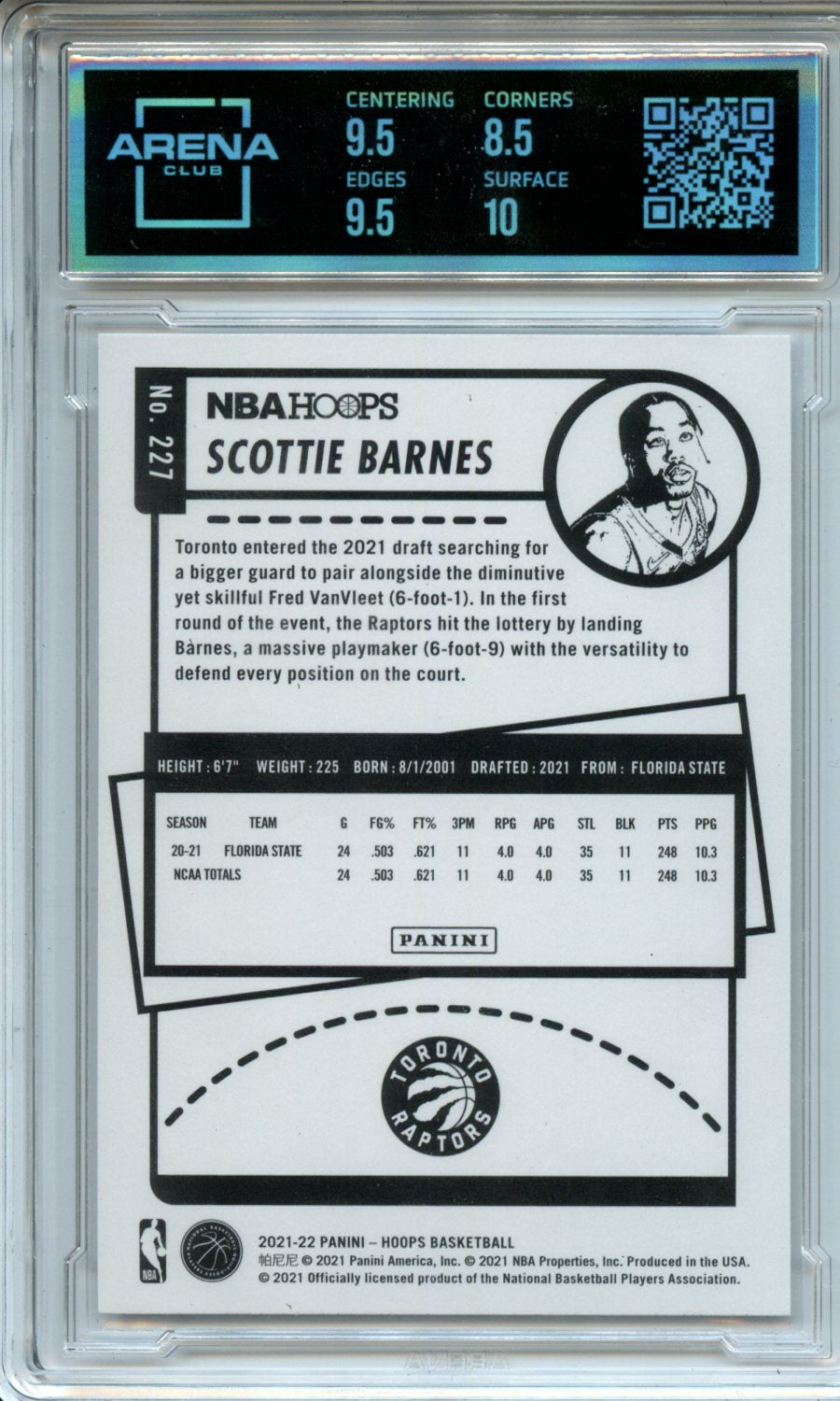 2021-22 Hoops Winter #227 Scottie Barnes RC Arena Club 9 — Back