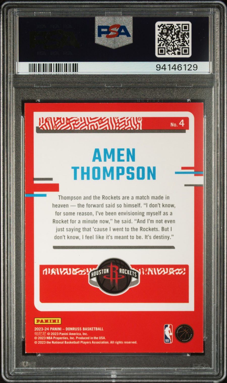2023 Panini Donruss The Rookies #4 Amen Thompson PSA 9 — Back