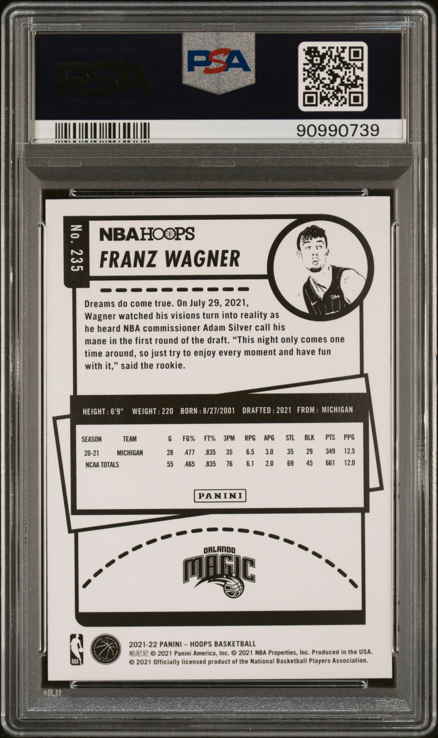 2021 Panini NBA Hoops #235 Franz Wagner RC PSA 9 — Back