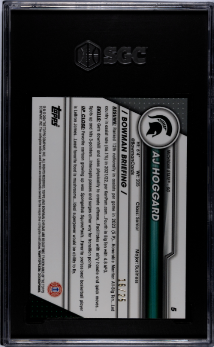 2023-24 Bowman U Chrome #5 Aj Hoggard Orange Refractor SGC 9.5 — Back